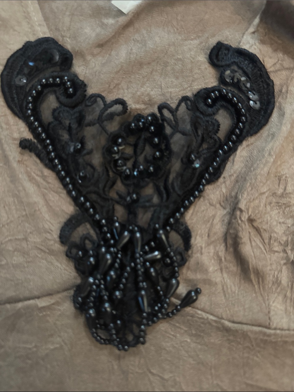 Womens Crinkle Bronze Embellished V-Neck Babydoll Y2K Goth Glam Blouse Top Small - Picture 3 of 7